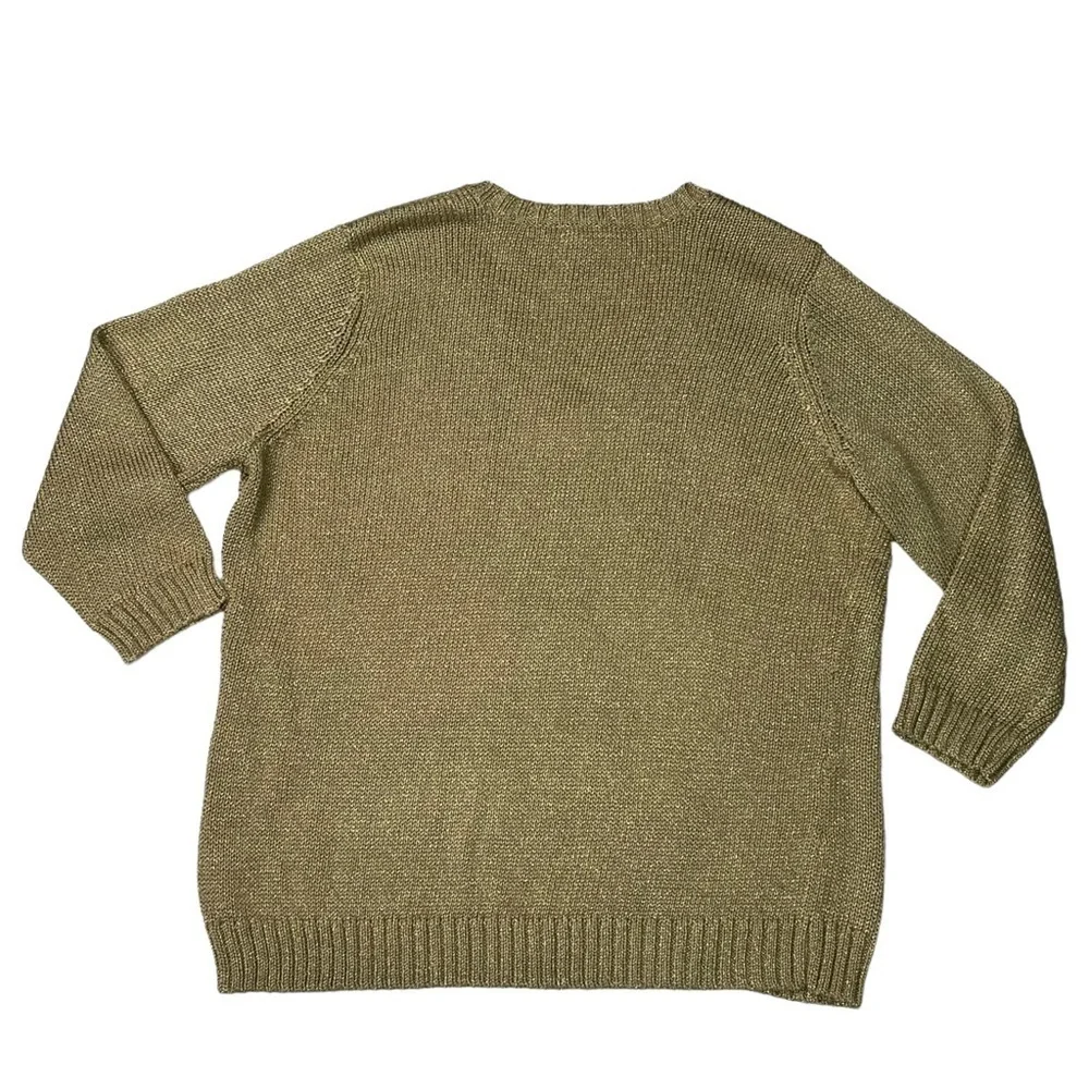 LAUREN RALPH LAUREN METALLIC GOLD V-NECK 3/4 SLEEVE RIBBED PULLOVER SWEATER